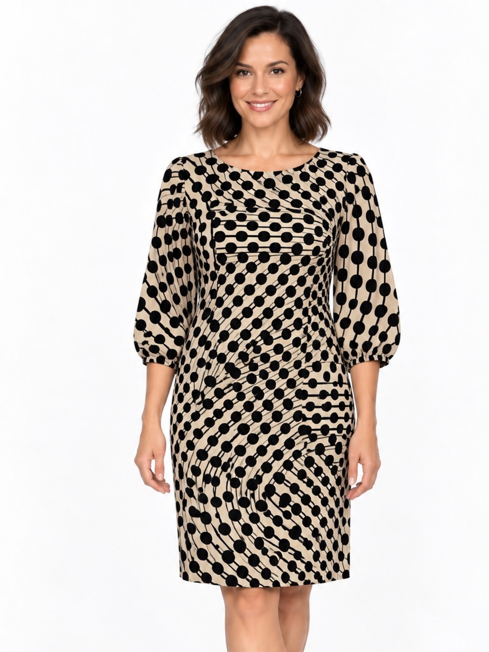 Tahari Arthur S. Levine Dress Size 8 Black Beige Geometric Abstract Print